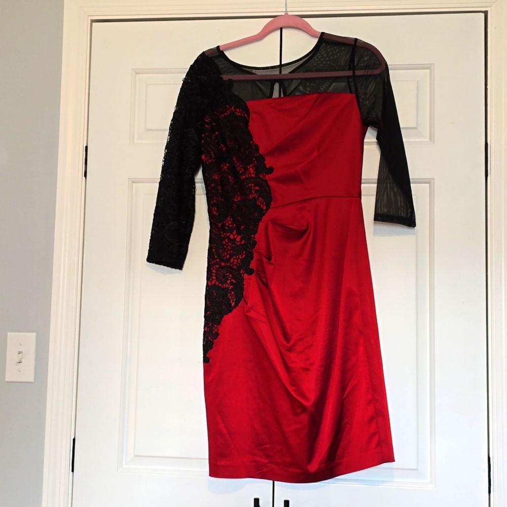 Jax womens Cocktail Dress Size 6 Red Satin Black Lace & Mesh 3/4 Sleeve Fitted